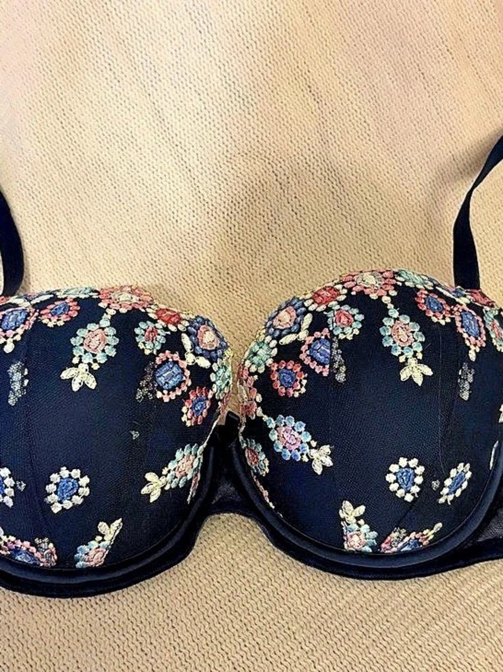 Victoria's Secret Navy Floral Lined Demi Bra Black 36C/38C